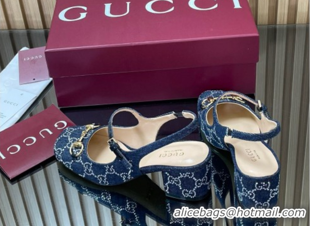 Unique Style Gucci Horsebit Mary Janes Slingback Pumps 5.5cm in Strass Denim Blue 2025 801893
