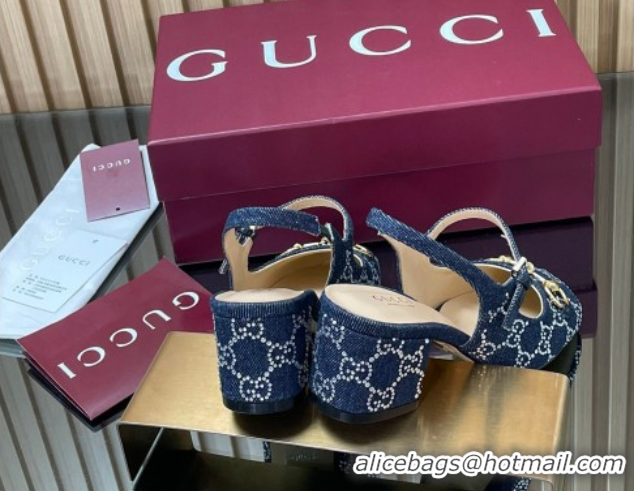 Unique Style Gucci Horsebit Mary Janes Slingback Pumps 5.5cm in Strass Denim Blue 2025 801893