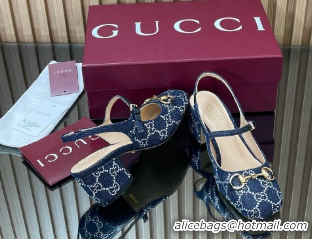 Unique Style Gucci Horsebit Mary Janes Slingback Pumps 5.5cm in Strass Denim Blue 2025 801893