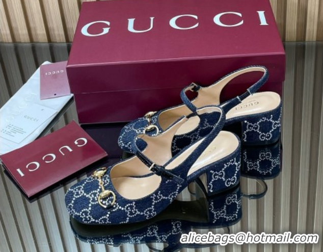 Unique Style Gucci Horsebit Mary Janes Slingback Pumps 5.5cm in Strass Denim Blue 2025 801893