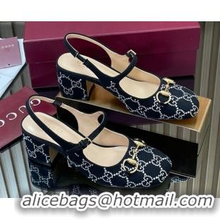 Buy Discount Gucci Horsebit Mary Janes Slingback Pumps 5.5cm in Strass Denim Black 2025 801893