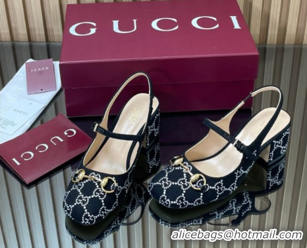 Buy Discount Gucci Horsebit Mary Janes Slingback Pumps 5.5cm in Strass Denim Black 2025 801893