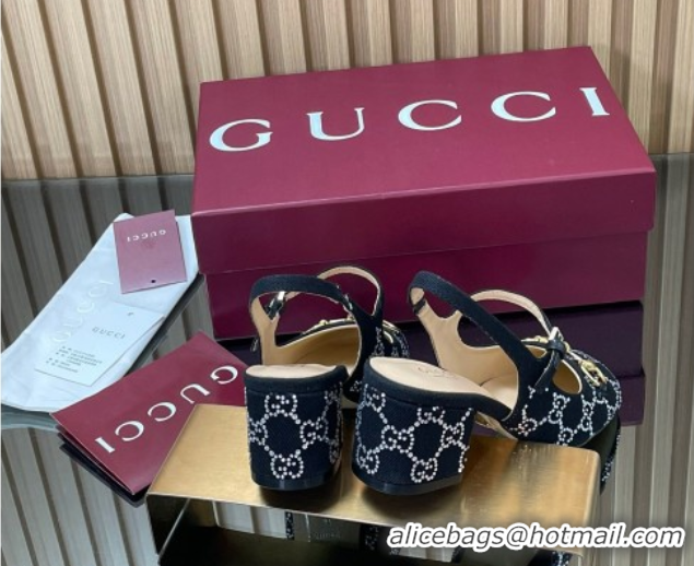Buy Discount Gucci Horsebit Mary Janes Slingback Pumps 5.5cm in Strass Denim Black 2025 801893