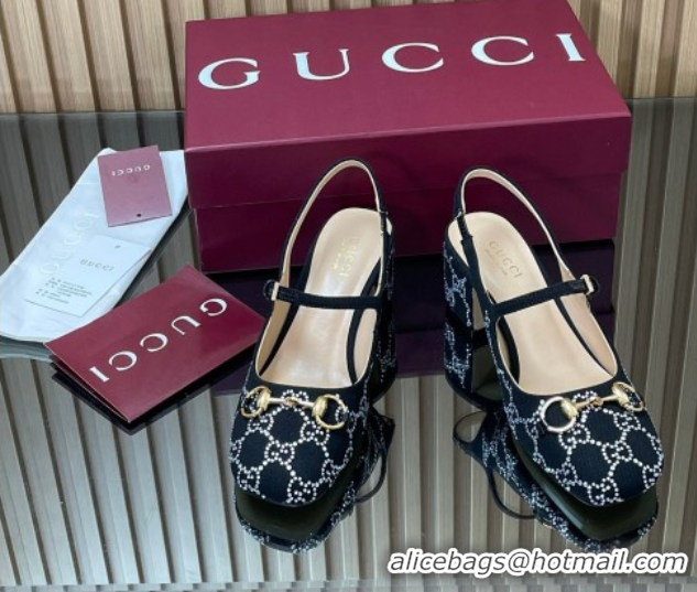 Buy Discount Gucci Horsebit Mary Janes Slingback Pumps 5.5cm in Strass Denim Black 2025 801893