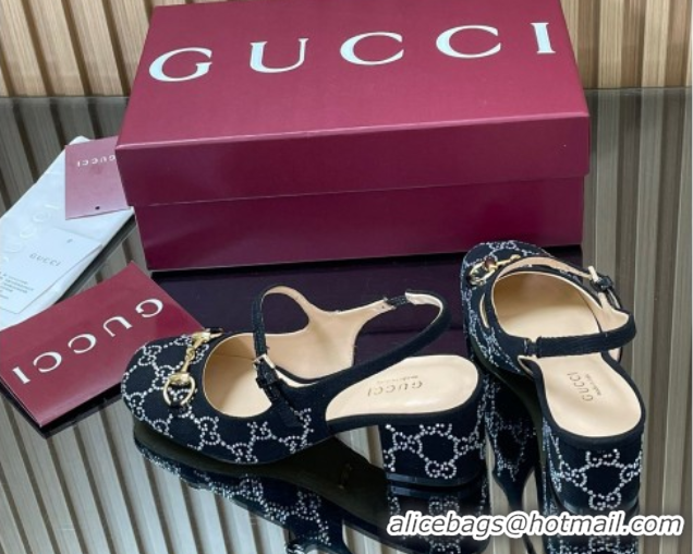 Buy Discount Gucci Horsebit Mary Janes Slingback Pumps 5.5cm in Strass Denim Black 2025 801893