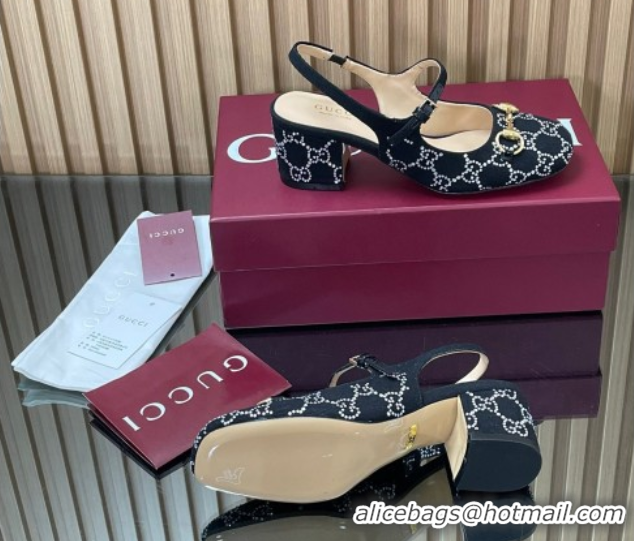 Buy Discount Gucci Horsebit Mary Janes Slingback Pumps 5.5cm in Strass Denim Black 2025 801893