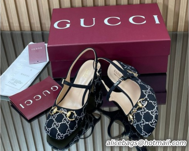 Buy Discount Gucci Horsebit Mary Janes Slingback Pumps 5.5cm in Strass Denim Black 2025 801893