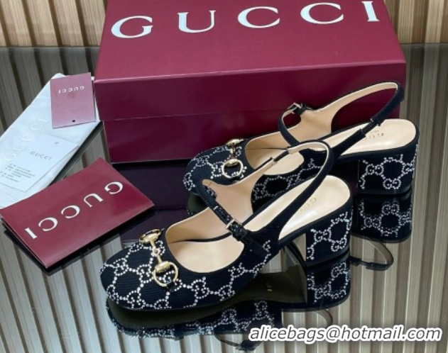 Buy Discount Gucci Horsebit Mary Janes Slingback Pumps 5.5cm in Strass Denim Black 2025 801893