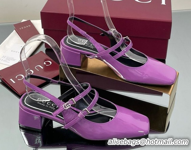 Popular Style Gucci Patent Leather Slingback Pump 5.5cm with Strass GG Buckle Strap Purple 0828009