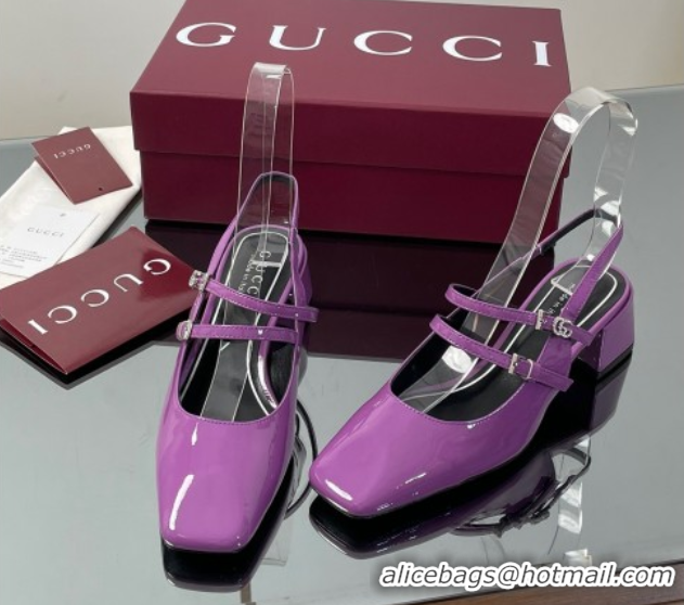 Popular Style Gucci Patent Leather Slingback Pump 5.5cm with Strass GG Buckle Strap Purple 0828009
