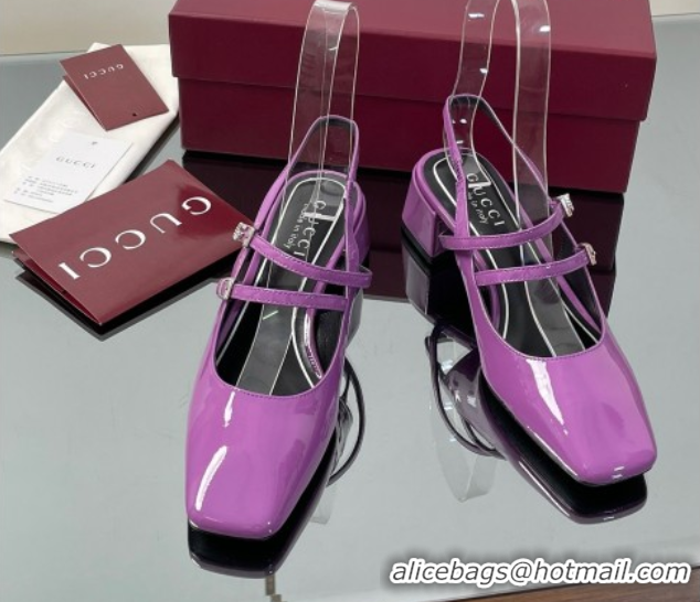 Popular Style Gucci Patent Leather Slingback Pump 5.5cm with Strass GG Buckle Strap Purple 0828009