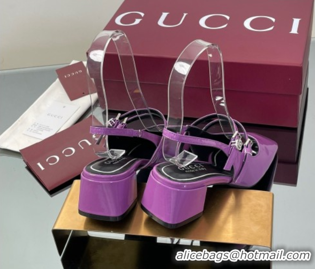 Popular Style Gucci Patent Leather Slingback Pump 5.5cm with Strass GG Buckle Strap Purple 0828009