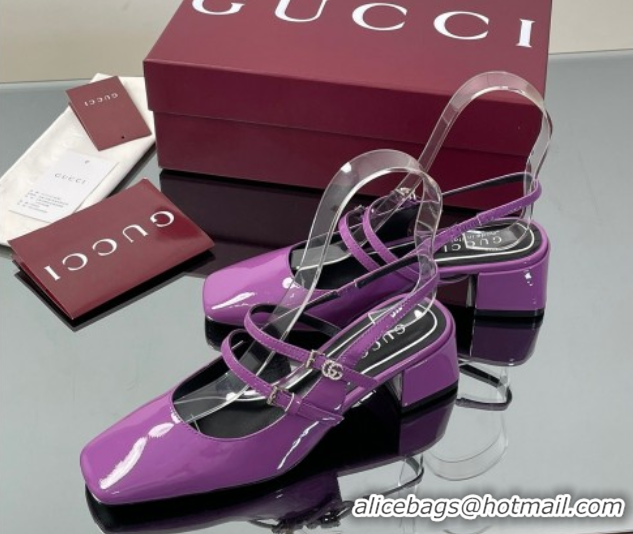 Popular Style Gucci Patent Leather Slingback Pump 5.5cm with Strass GG Buckle Strap Purple 0828009