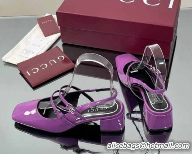 Popular Style Gucci Patent Leather Slingback Pump 5.5cm with Strass GG Buckle Strap Purple 0828009