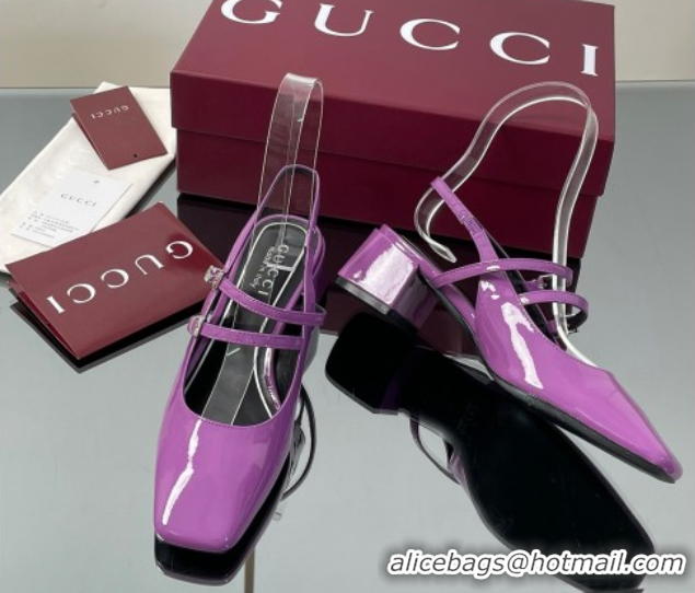 Popular Style Gucci Patent Leather Slingback Pump 5.5cm with Strass GG Buckle Strap Purple 0828009