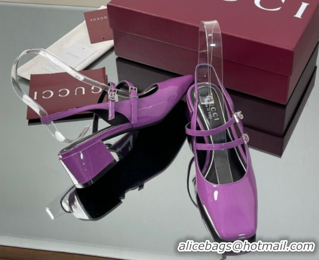 Popular Style Gucci Patent Leather Slingback Pump 5.5cm with Strass GG Buckle Strap Purple 0828009
