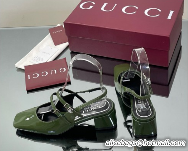 Low Price Gucci Patent Leather Slingback Pump 5.5cm with Strass GG Buckle Strap Green 0828010