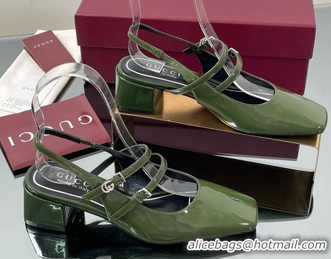 Low Price Gucci Patent Leather Slingback Pump 5.5cm with Strass GG Buckle Strap Green 0828010