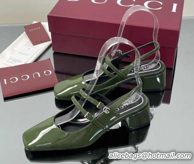 Low Price Gucci Patent Leather Slingback Pump 5.5cm with Strass GG Buckle Strap Green 0828010