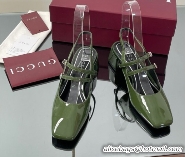 Low Price Gucci Patent Leather Slingback Pump 5.5cm with Strass GG Buckle Strap Green 0828010