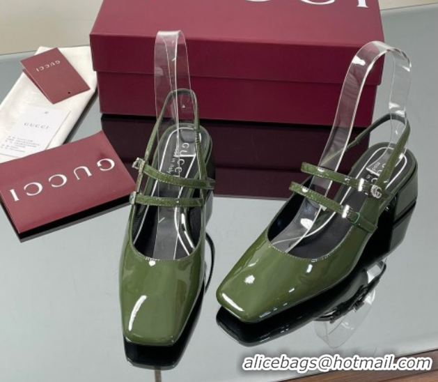Low Price Gucci Patent Leather Slingback Pump 5.5cm with Strass GG Buckle Strap Green 0828010