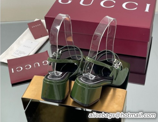 Low Price Gucci Patent Leather Slingback Pump 5.5cm with Strass GG Buckle Strap Green 0828010