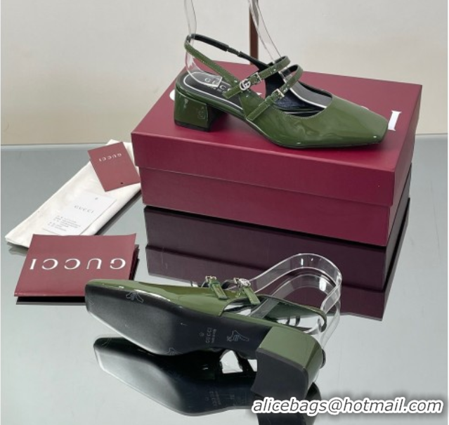 Low Price Gucci Patent Leather Slingback Pump 5.5cm with Strass GG Buckle Strap Green 0828010