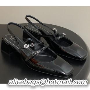 Best Grade Gucci Patent Leather Slingback Pump 5.5cm with Strass GG Buckle Strap Black 0828011