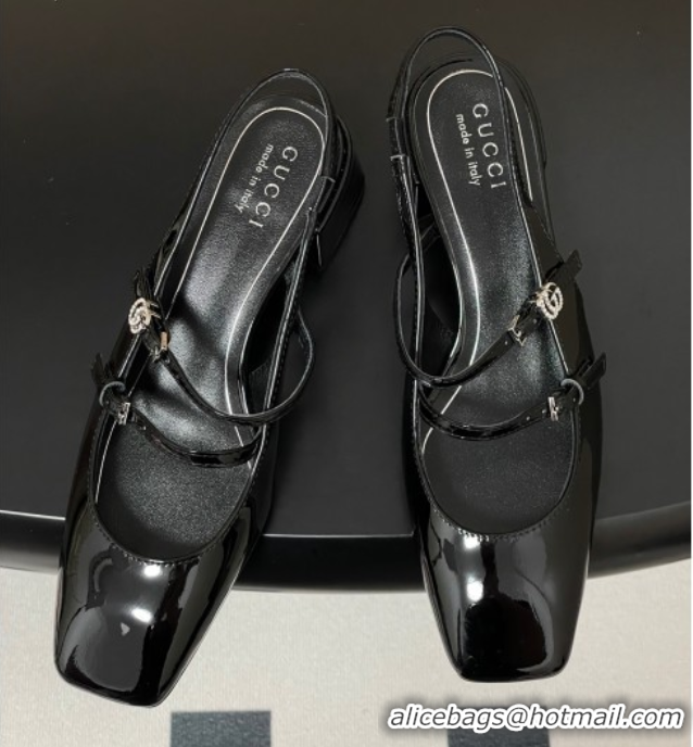 Best Grade Gucci Patent Leather Slingback Pump 5.5cm with Strass GG Buckle Strap Black 0828011