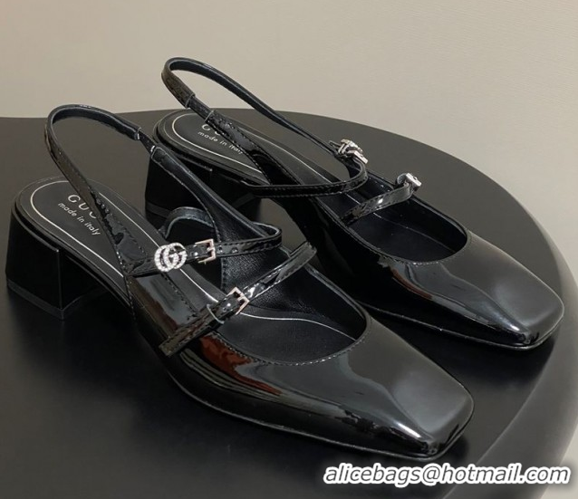 Best Grade Gucci Patent Leather Slingback Pump 5.5cm with Strass GG Buckle Strap Black 0828011