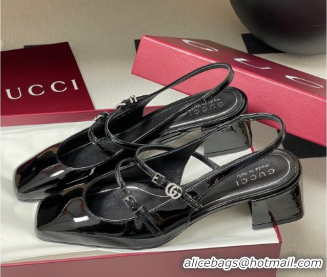 Best Grade Gucci Patent Leather Slingback Pump 5.5cm with Strass GG Buckle Strap Black 0828011