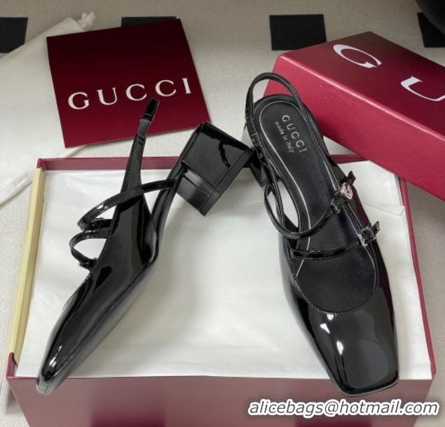 Best Grade Gucci Patent Leather Slingback Pump 5.5cm with Strass GG Buckle Strap Black 0828011