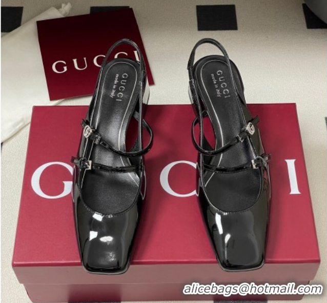 Best Grade Gucci Patent Leather Slingback Pump 5.5cm with Strass GG Buckle Strap Black 0828011