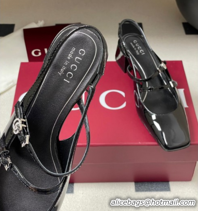 Best Grade Gucci Patent Leather Slingback Pump 5.5cm with Strass GG Buckle Strap Black 0828011