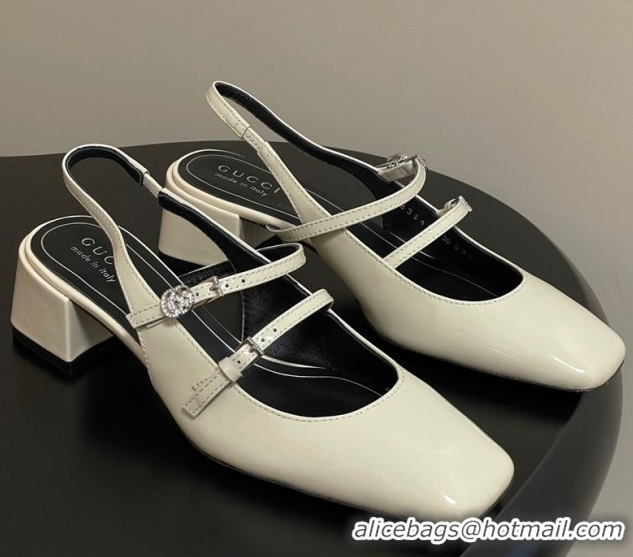 Best Grade Gucci Patent Leather Slingback Pump 5.5cm with Strass GG Buckle Strap White 0828012