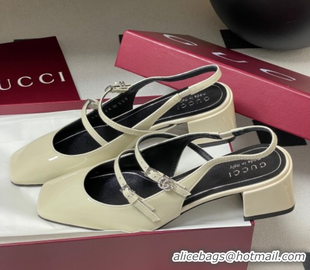 Best Grade Gucci Patent Leather Slingback Pump 5.5cm with Strass GG Buckle Strap White 0828012