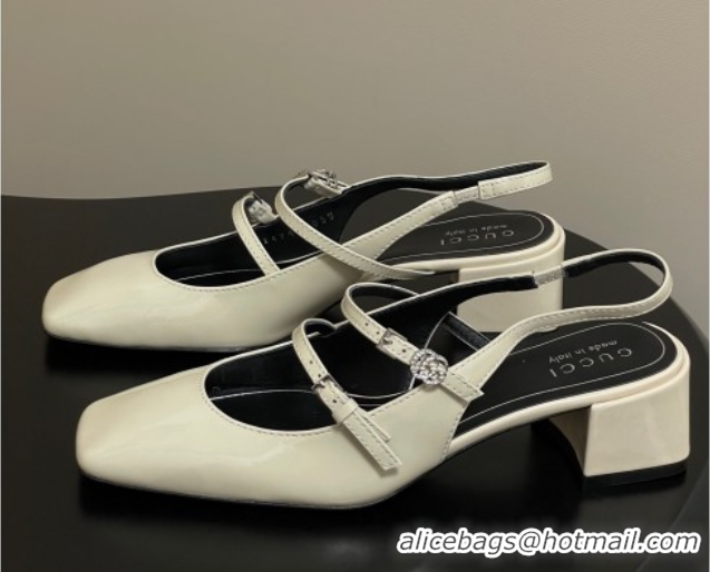 Best Grade Gucci Patent Leather Slingback Pump 5.5cm with Strass GG Buckle Strap White 0828012