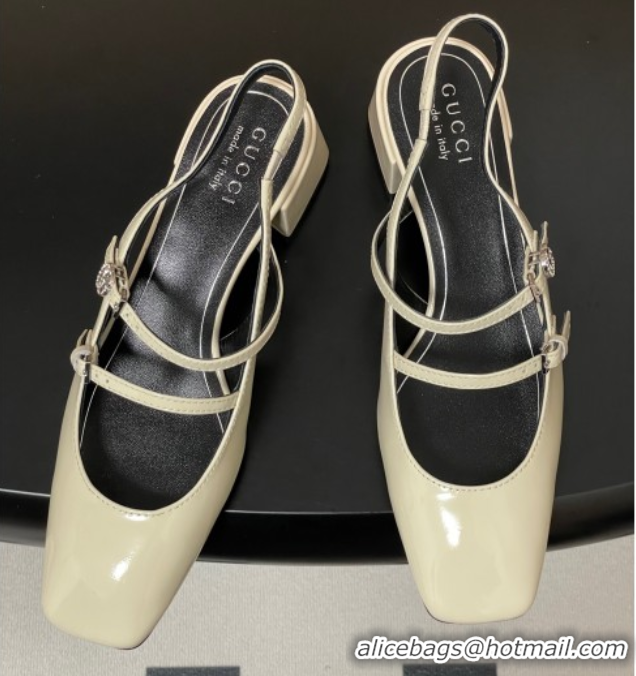Best Grade Gucci Patent Leather Slingback Pump 5.5cm with Strass GG Buckle Strap White 0828012