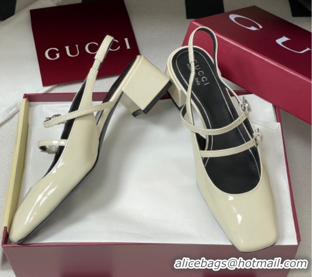 Best Grade Gucci Patent Leather Slingback Pump 5.5cm with Strass GG Buckle Strap White 0828012