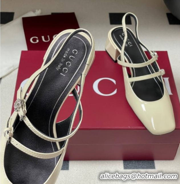 Best Grade Gucci Patent Leather Slingback Pump 5.5cm with Strass GG Buckle Strap White 0828012