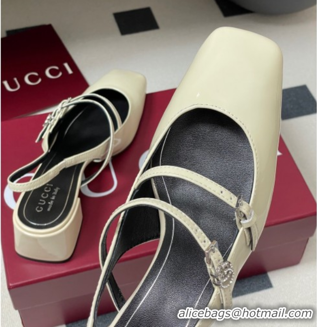 Best Grade Gucci Patent Leather Slingback Pump 5.5cm with Strass GG Buckle Strap White 0828012