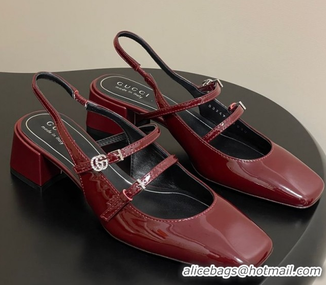 Top Grade Gucci Patent Leather Slingback Pump 5.5cm with Strass GG Buckle Strap Ancora Red 0828013