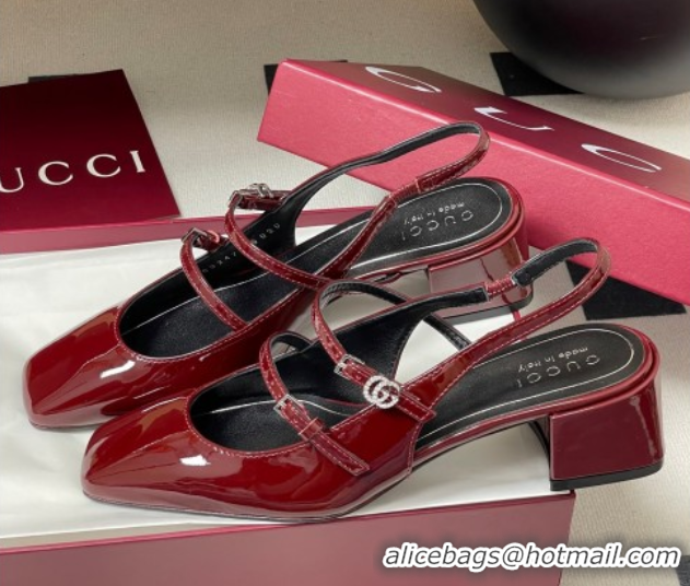 Top Grade Gucci Patent Leather Slingback Pump 5.5cm with Strass GG Buckle Strap Ancora Red 0828013