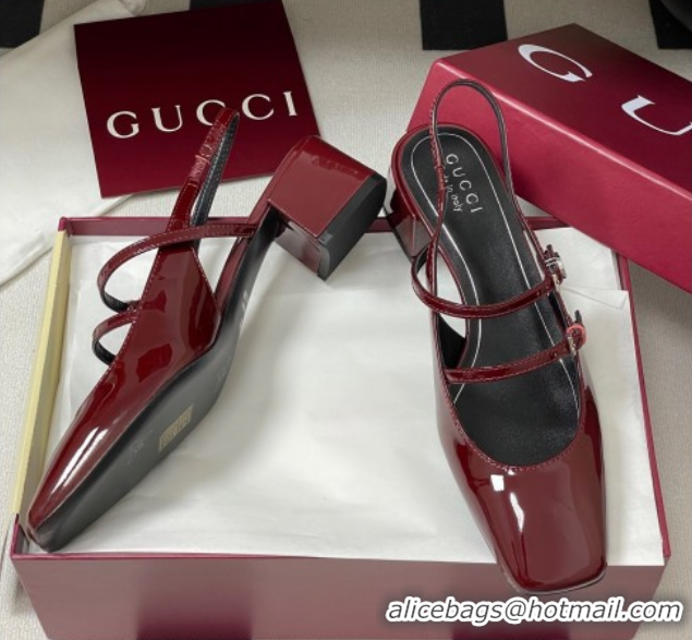 Top Grade Gucci Patent Leather Slingback Pump 5.5cm with Strass GG Buckle Strap Ancora Red 0828013