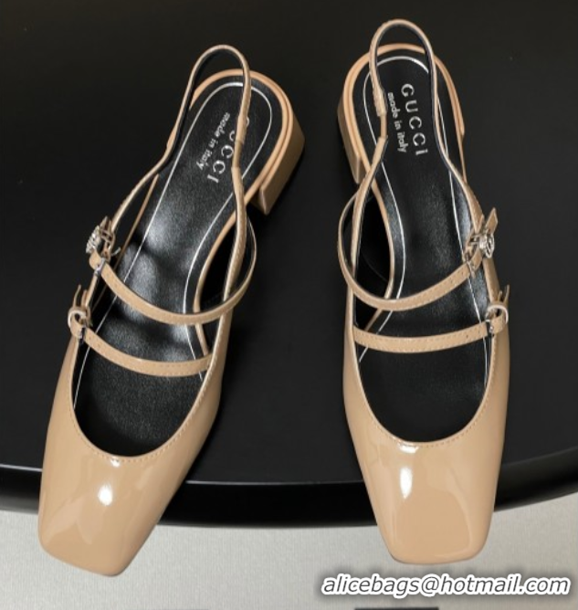 Buy New Cheap Gucci Patent Leather Slingback Pump 5.5cm with Strass GG Buckle Strap Beige 0828014