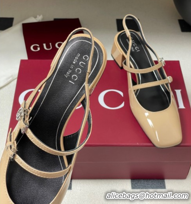 Buy New Cheap Gucci Patent Leather Slingback Pump 5.5cm with Strass GG Buckle Strap Beige 0828014