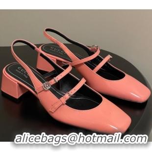 Pretty Style Gucci Patent Leather Slingback Pump 5.5cm with Strass GG Buckle Strap Peachy Pink 0828015
