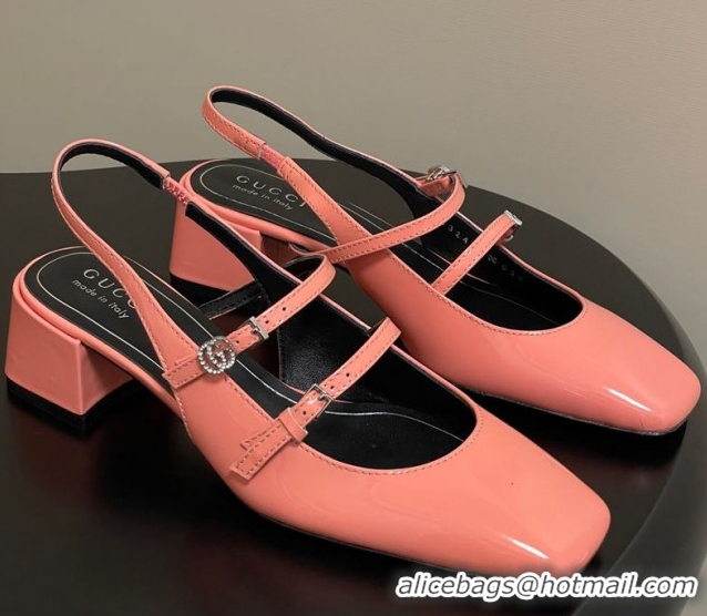 Pretty Style Gucci Patent Leather Slingback Pump 5.5cm with Strass GG Buckle Strap Peachy Pink 0828015