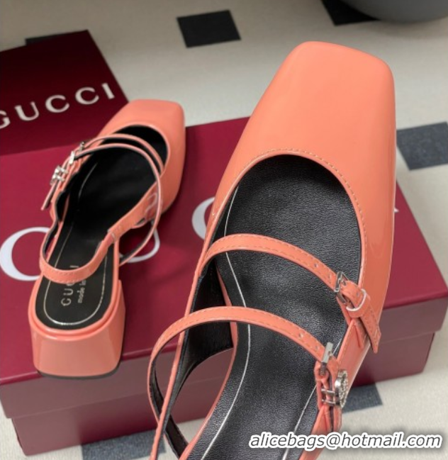 Pretty Style Gucci Patent Leather Slingback Pump 5.5cm with Strass GG Buckle Strap Peachy Pink 0828015