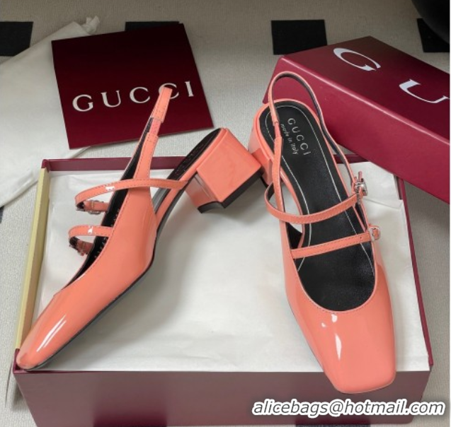 Pretty Style Gucci Patent Leather Slingback Pump 5.5cm with Strass GG Buckle Strap Peachy Pink 0828015